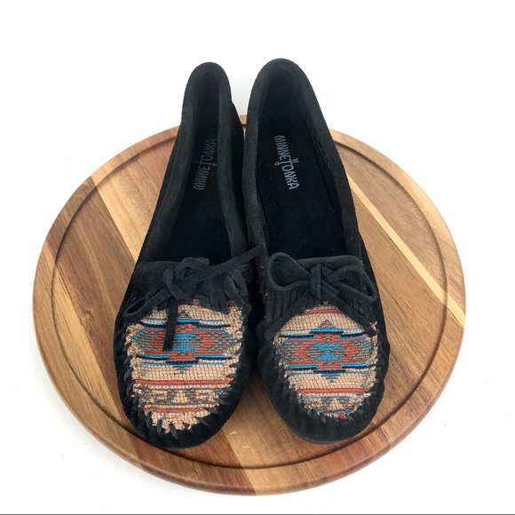 Minnetonka Womens Sz 11 Black Suede Moccasins - Picture 2 of 8